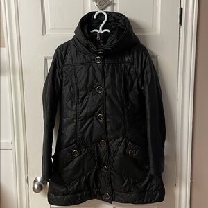 Mackage black button front puffer jacket with leather trim women’s size S